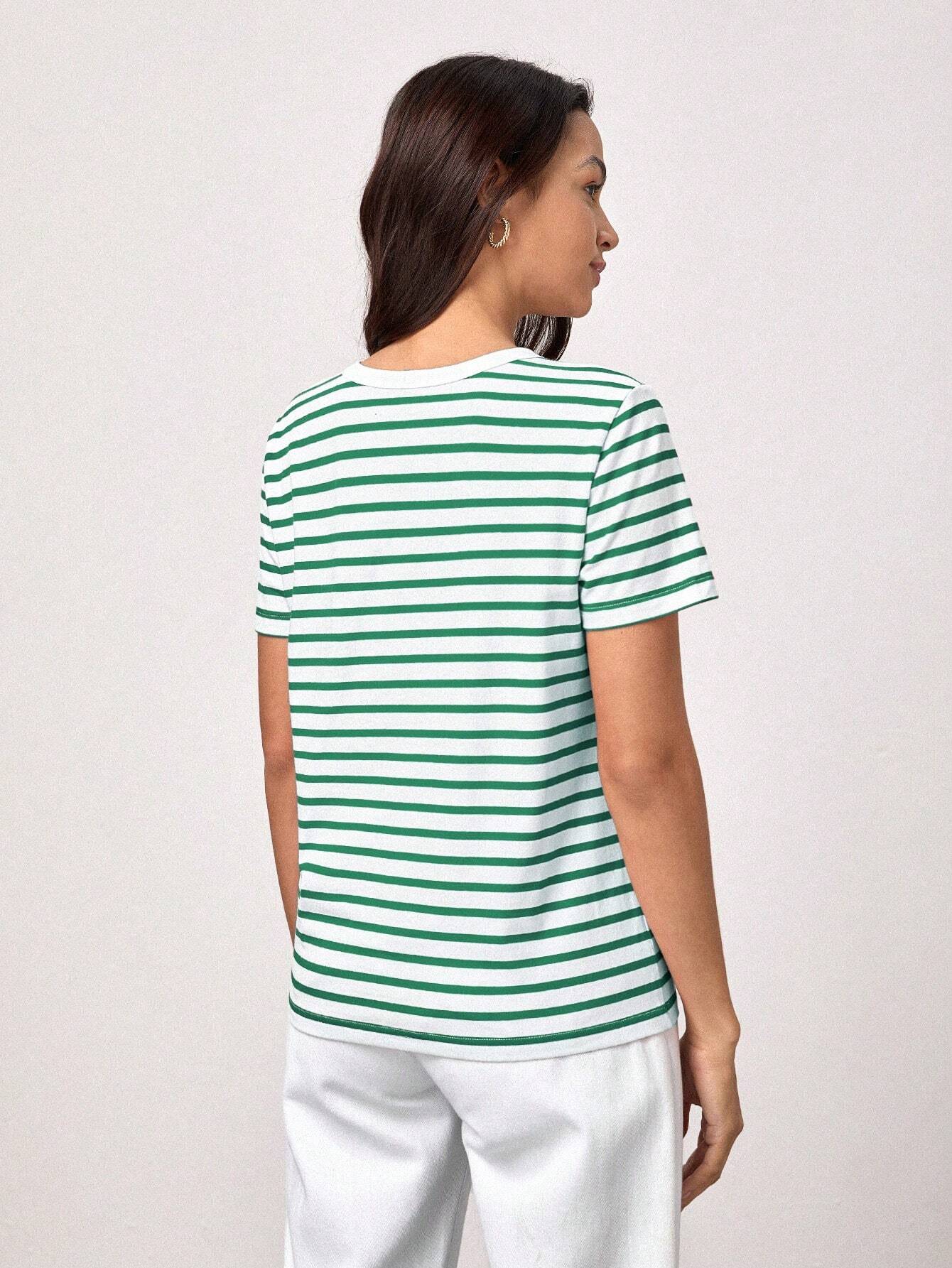 BASICS Casual Striped Print Crew Neck Tee shein