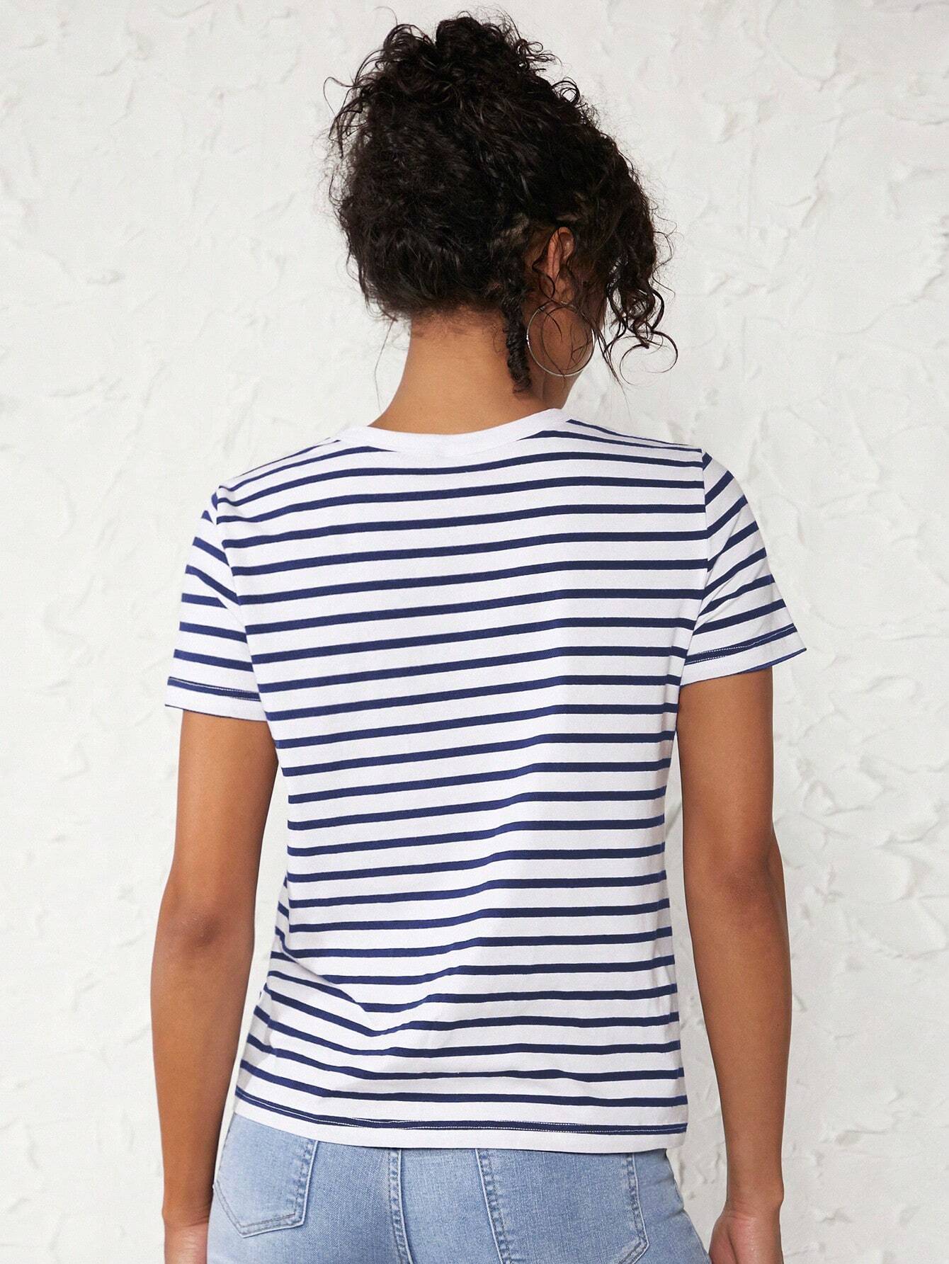 BASICS Casual Striped Print Crew Neck Tee shein