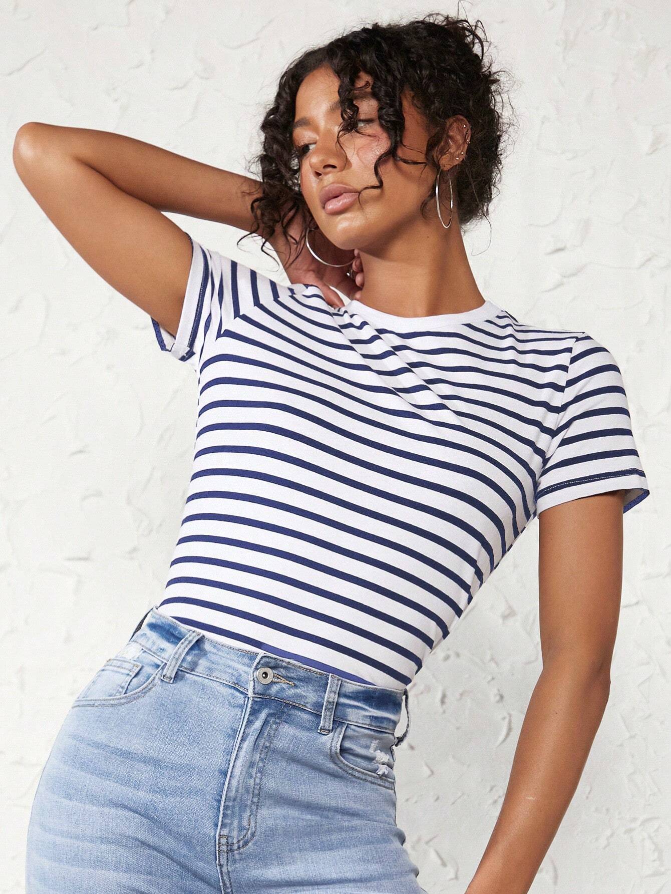 BASICS Casual Striped Print Crew Neck Tee shein