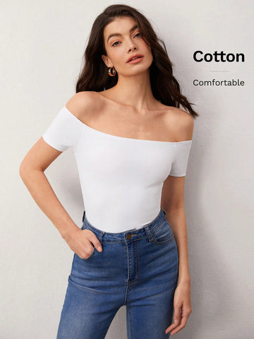 BASICS Casual Commuting Off Shoulder Solid Tee