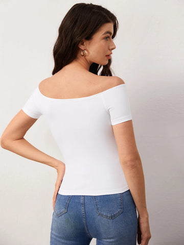 BASICS Casual Commuting Off Shoulder Solid Tee