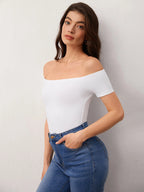 BASICS Casual Commuting Off Shoulder Solid Tee shein