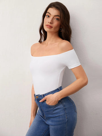 BASICS Casual Commuting Off Shoulder Solid Tee