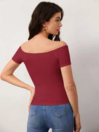 BASICS Casual Commuting Off Shoulder Solid Tee shein
