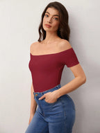 BASICS Casual Commuting Off Shoulder Solid Tee shein