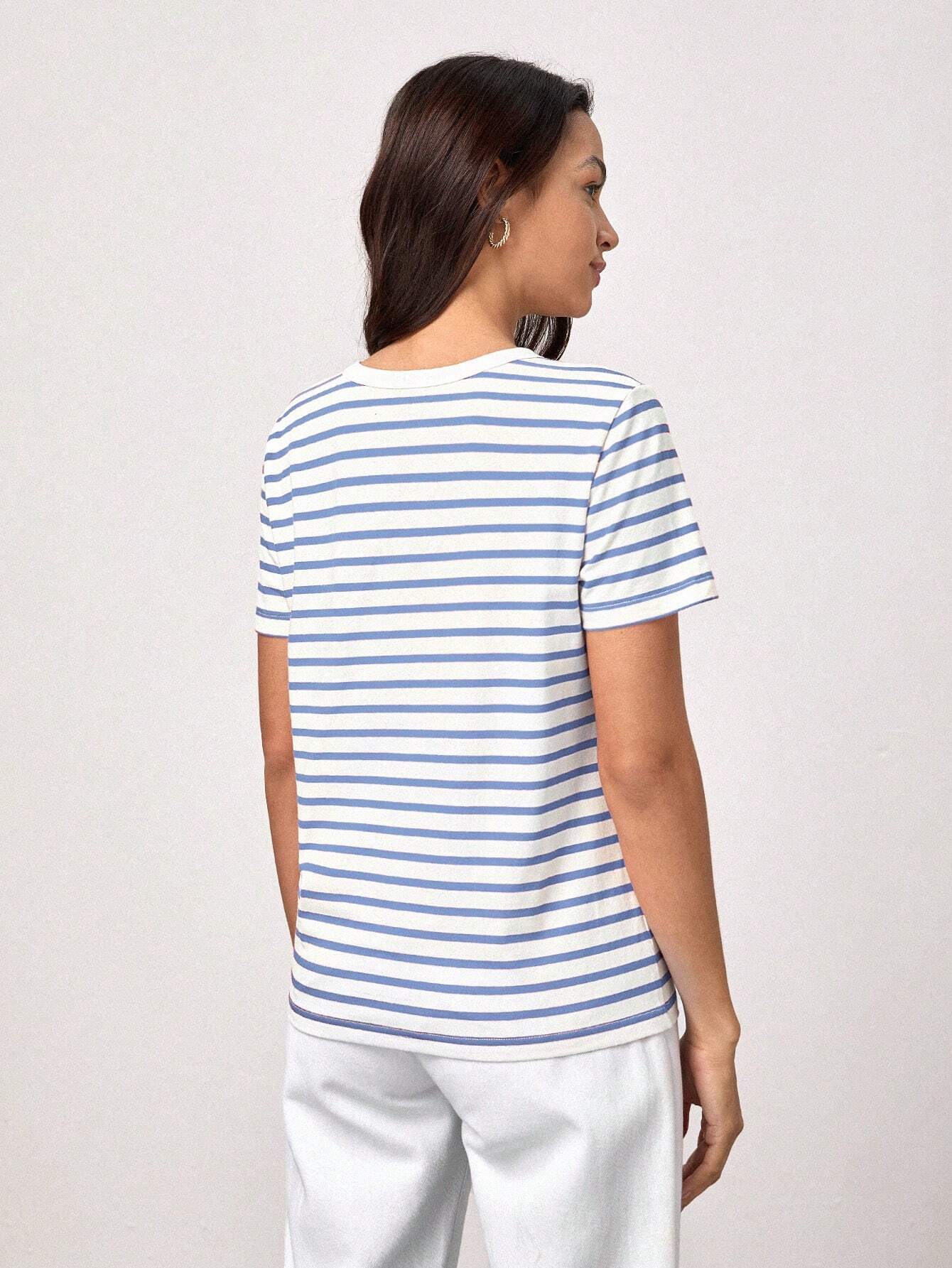 BASICS Casual Striped Print Crew Neck Tee shein