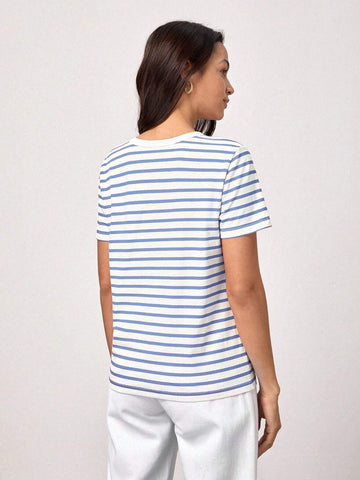 BASICS Casual Striped Print Crew Neck Tee