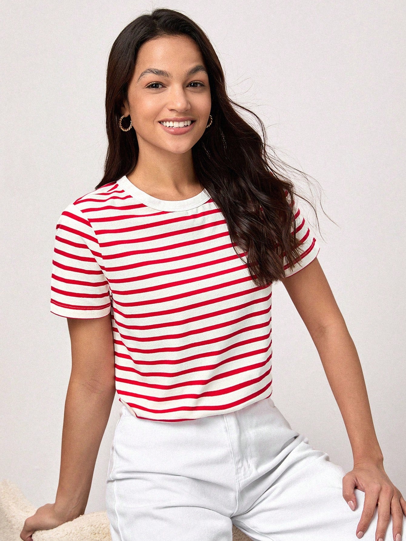BASICS Casual Striped Print Crew Neck Tee shein