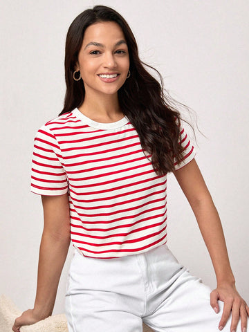 BASICS Casual Striped Print Crew Neck Tee