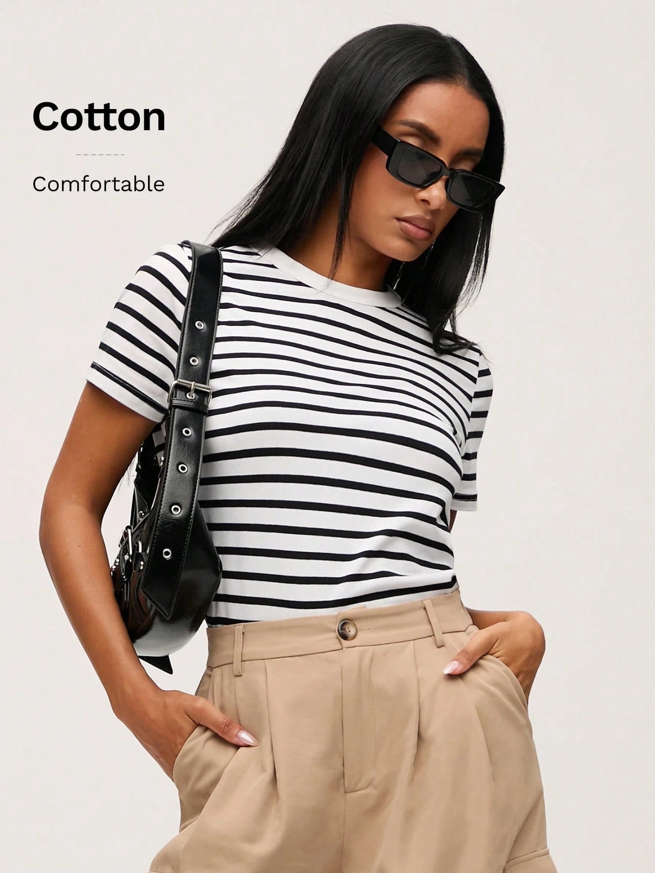 BASICS Casual Striped Print Crew Neck Tee shein
