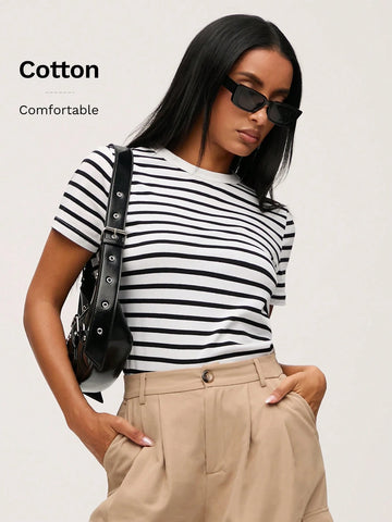 BASICS Casual Striped Print Crew Neck Tee