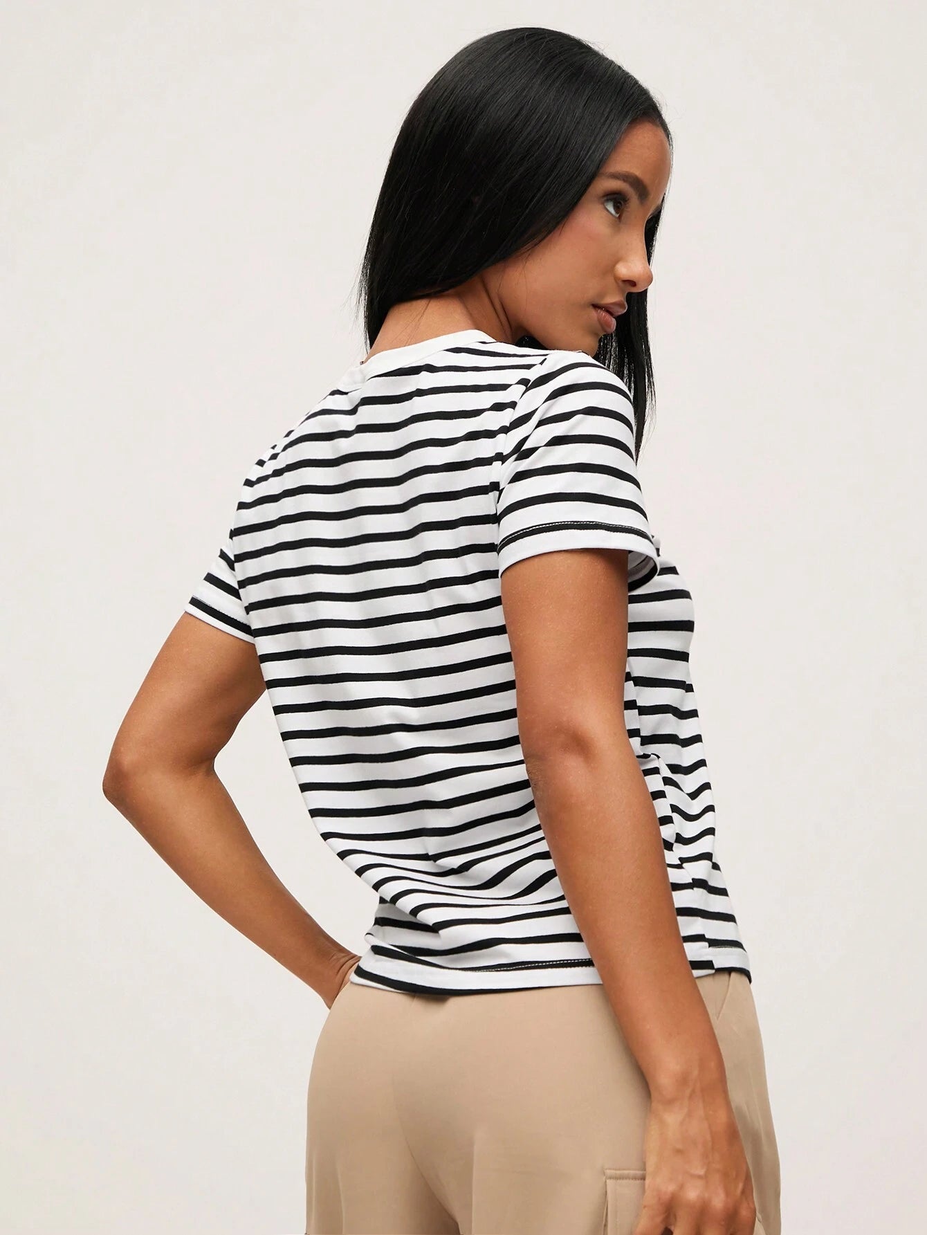 BASICS Casual Striped Print Crew Neck Tee shein