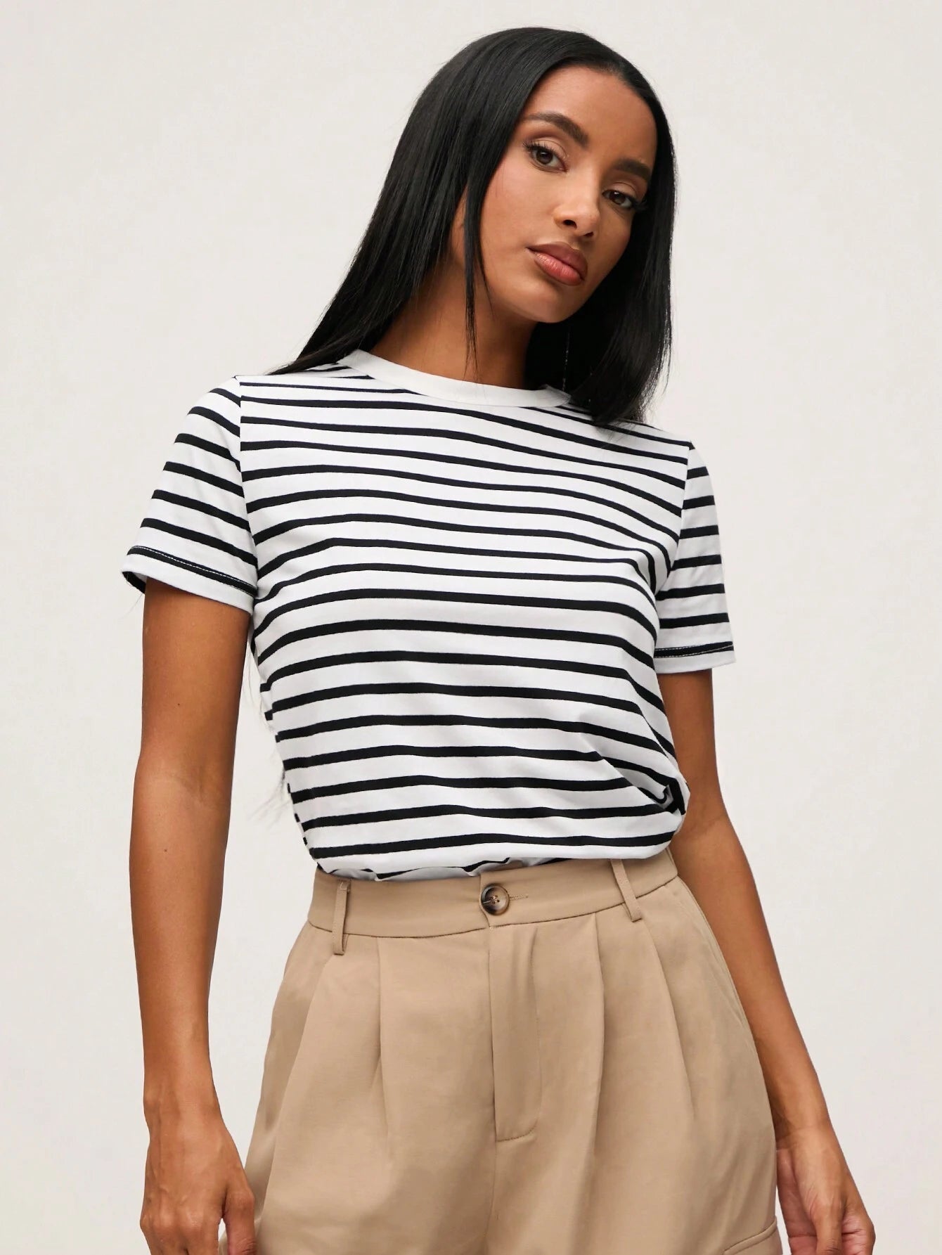 BASICS Casual Striped Print Crew Neck Tee shein