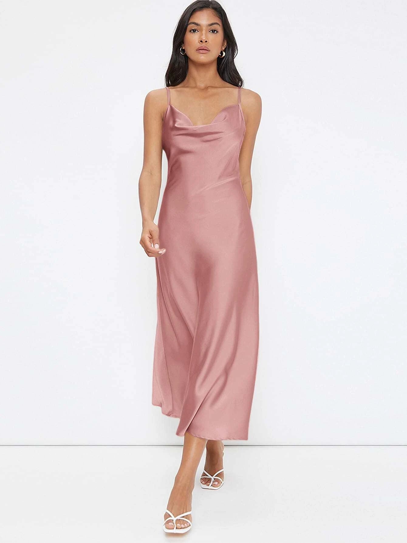 Cowl Neck Solid Slip Dress shein