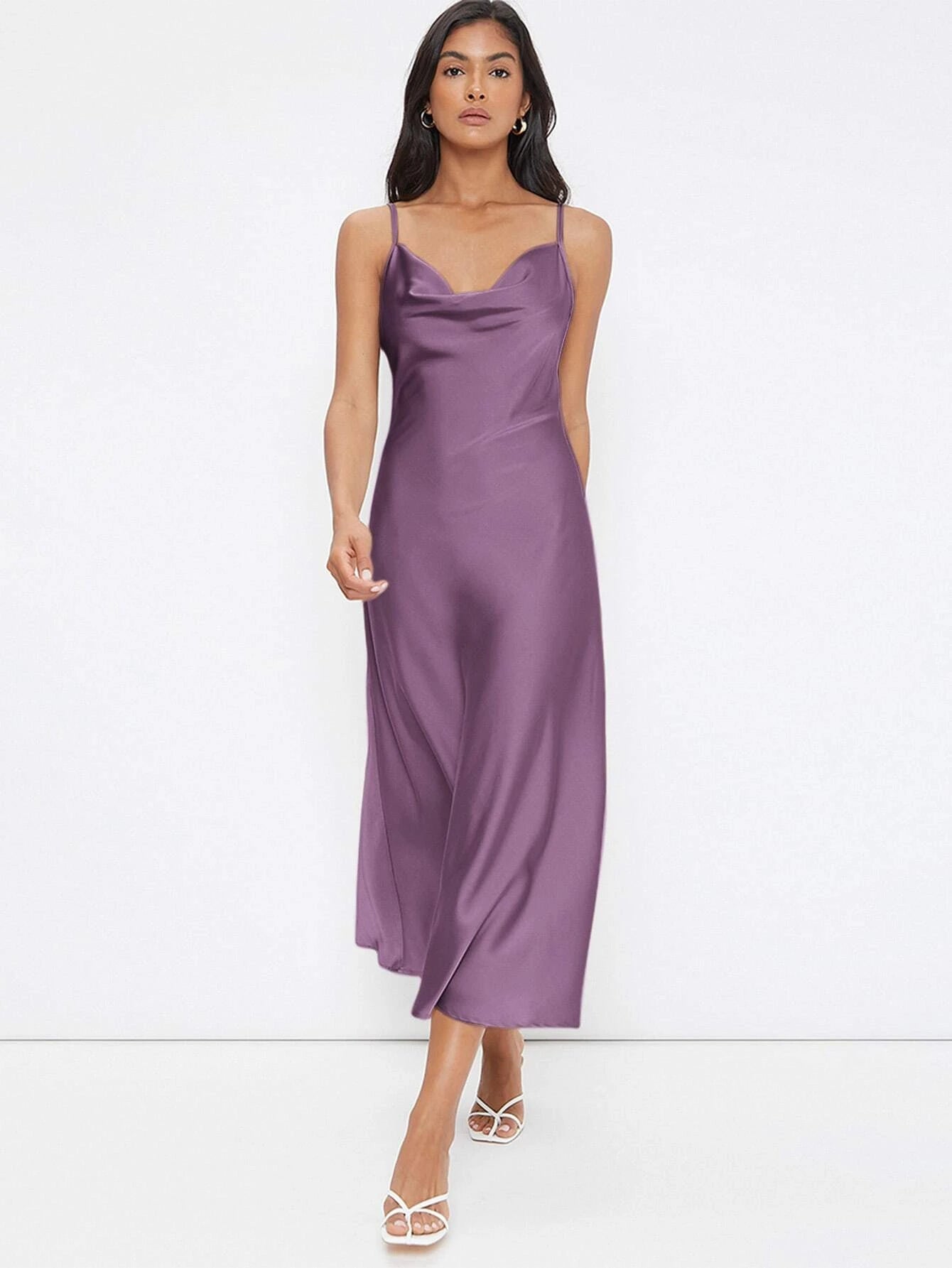 Cowl Neck Solid Slip Dress shein
