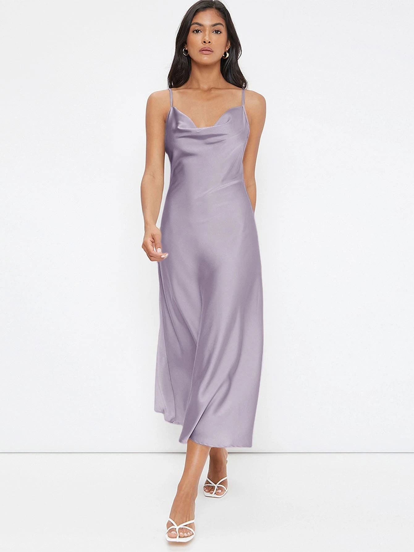 Cowl Neck Solid Slip Dress shein