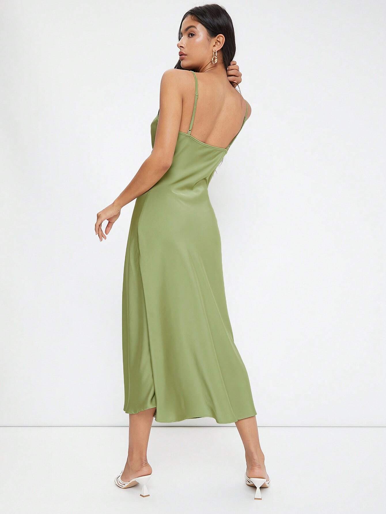 Cowl Neck Solid Slip Dress shein