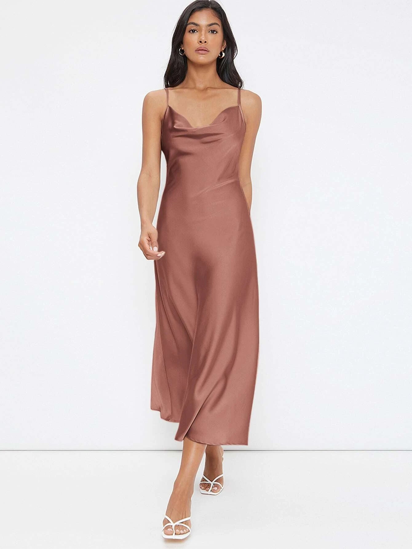 Cowl Neck Solid Slip Dress shein