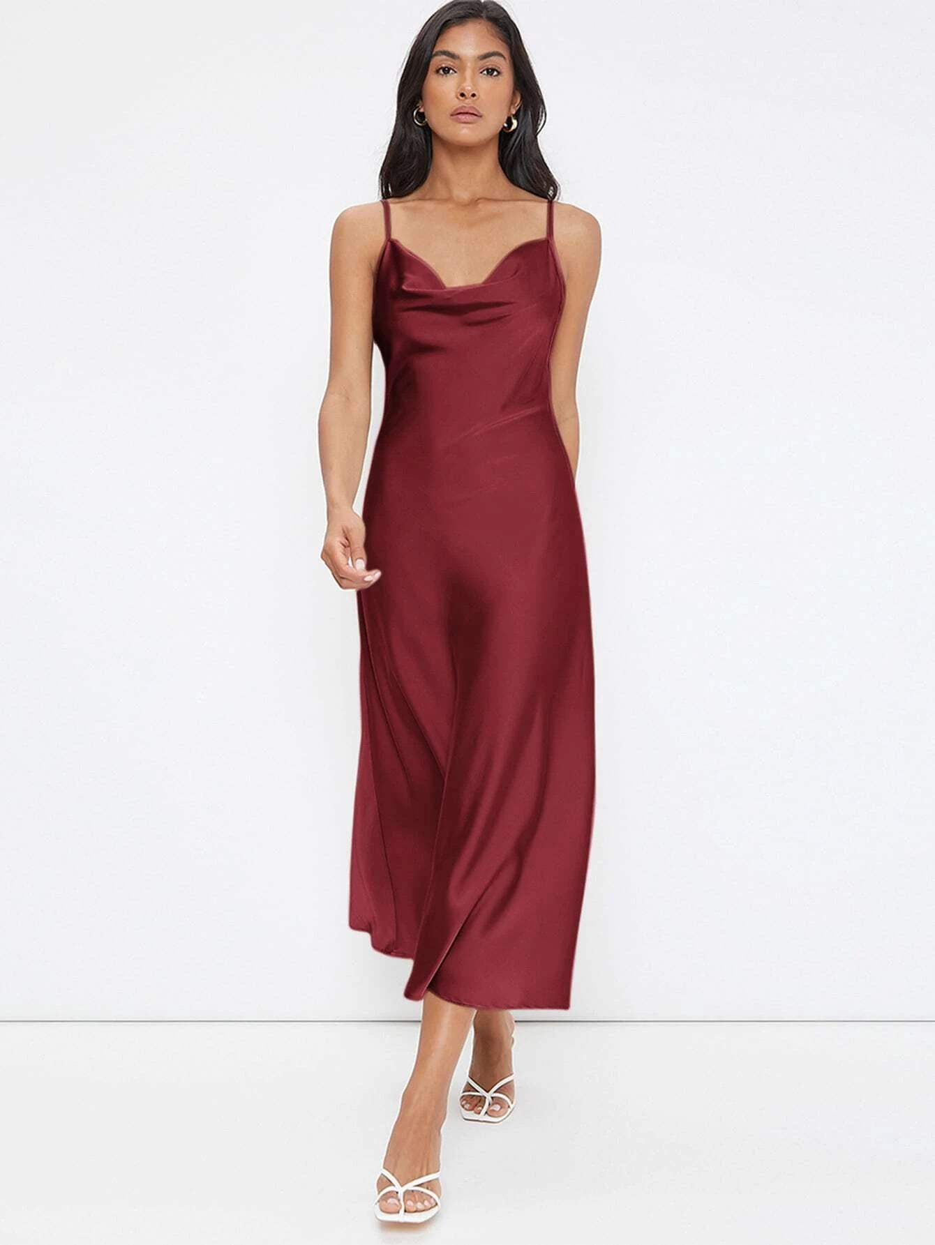 Cowl Neck Solid Slip Dress shein