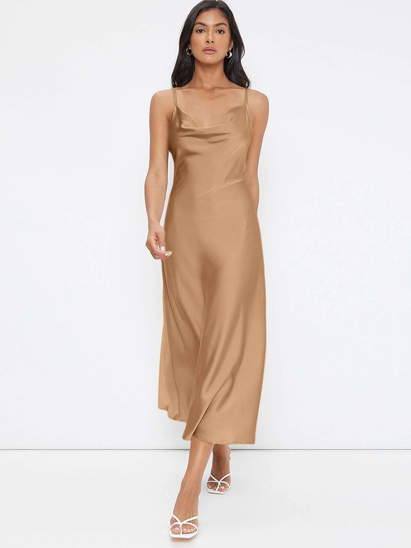 Cowl Neck Solid Slip Dress shein