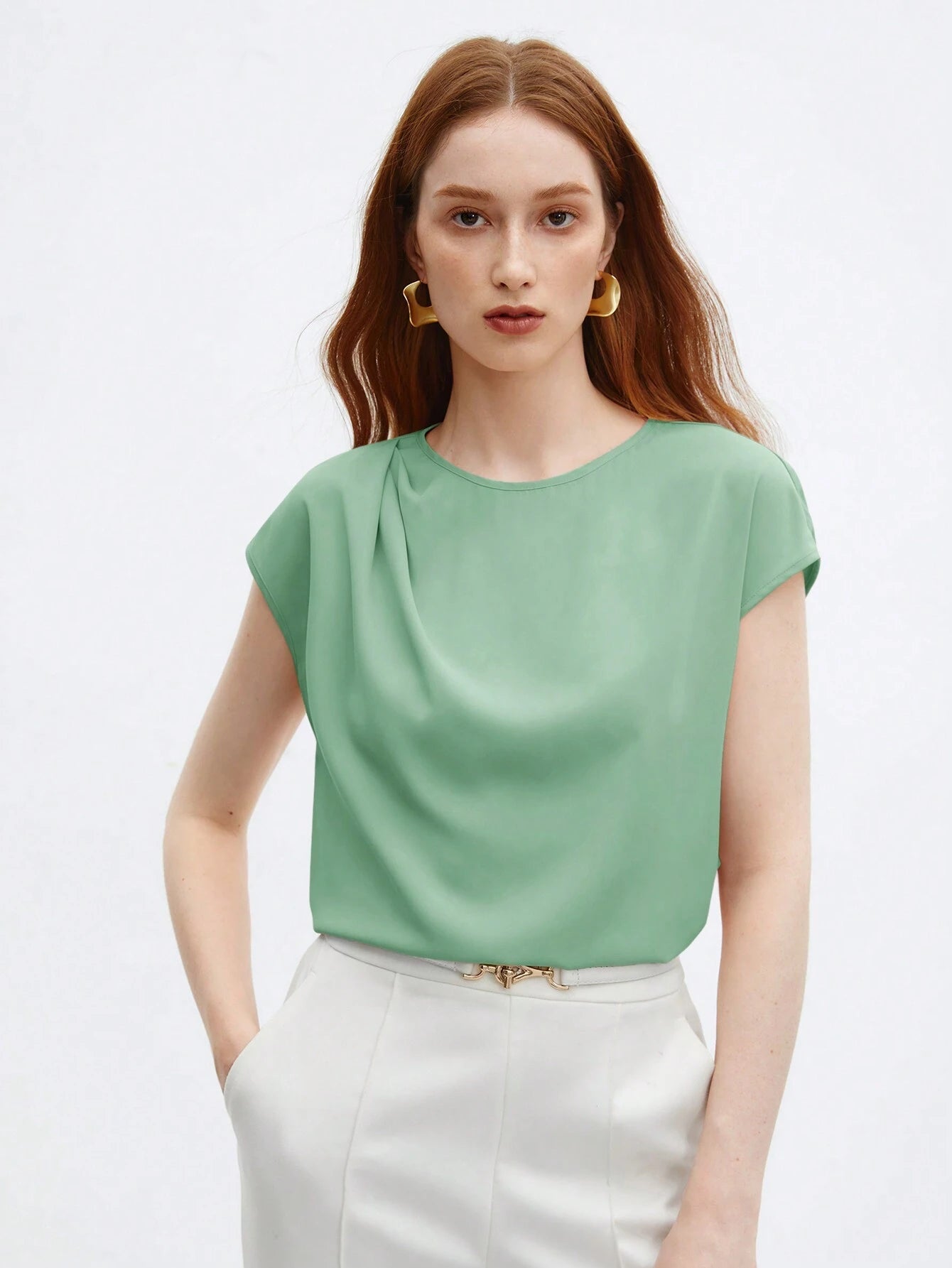 Crew Neck Gathered Shoulder Sleeve Blouse shein