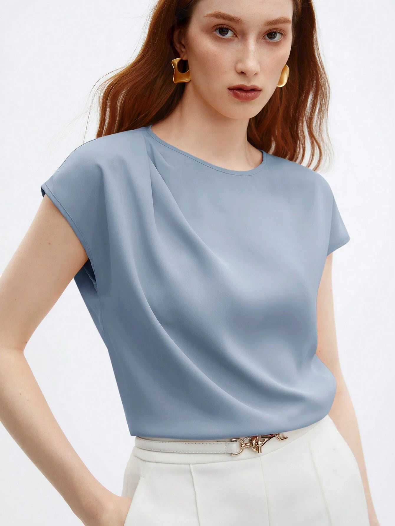 Crew Neck Gathered Shoulder Sleeve Blouse shein