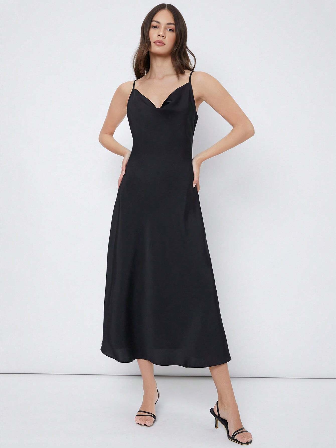 Cowl Neck Solid Slip Dress shein
