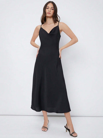 Cowl Neck Solid Slip Dress shein