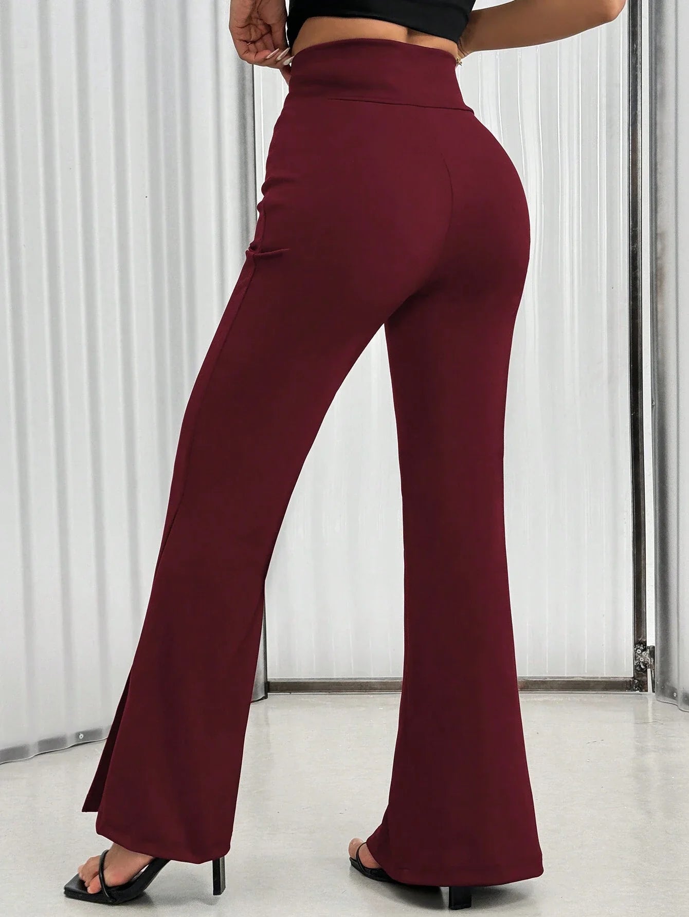 Women's Solid Color Waist Button Front Flare Leg Elegant Pants shein