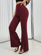 Women's Solid Color Waist Button Front Flare Leg Elegant Pants shein