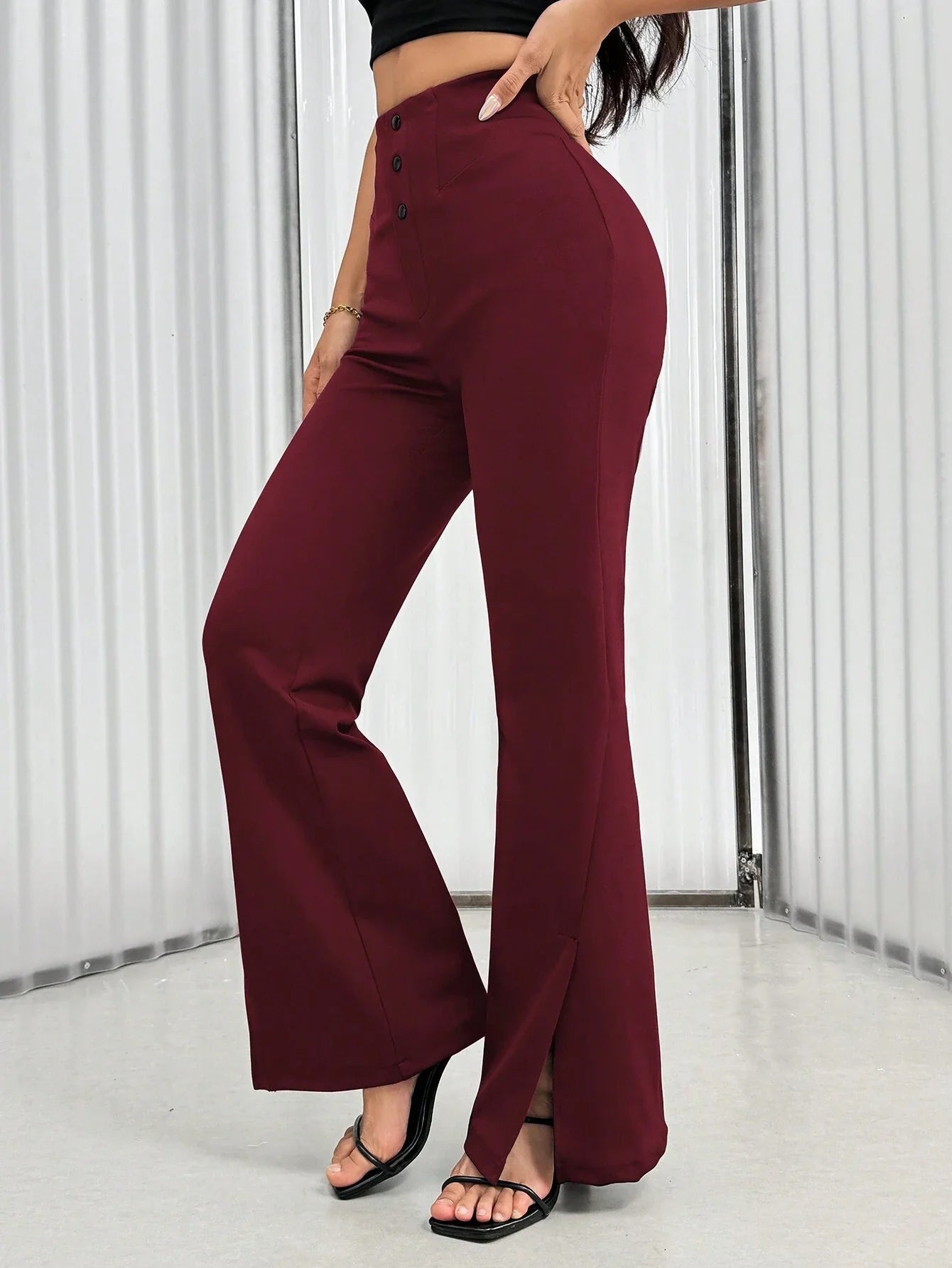 Women's Solid Color Waist Button Front Flare Leg Elegant Pants shein
