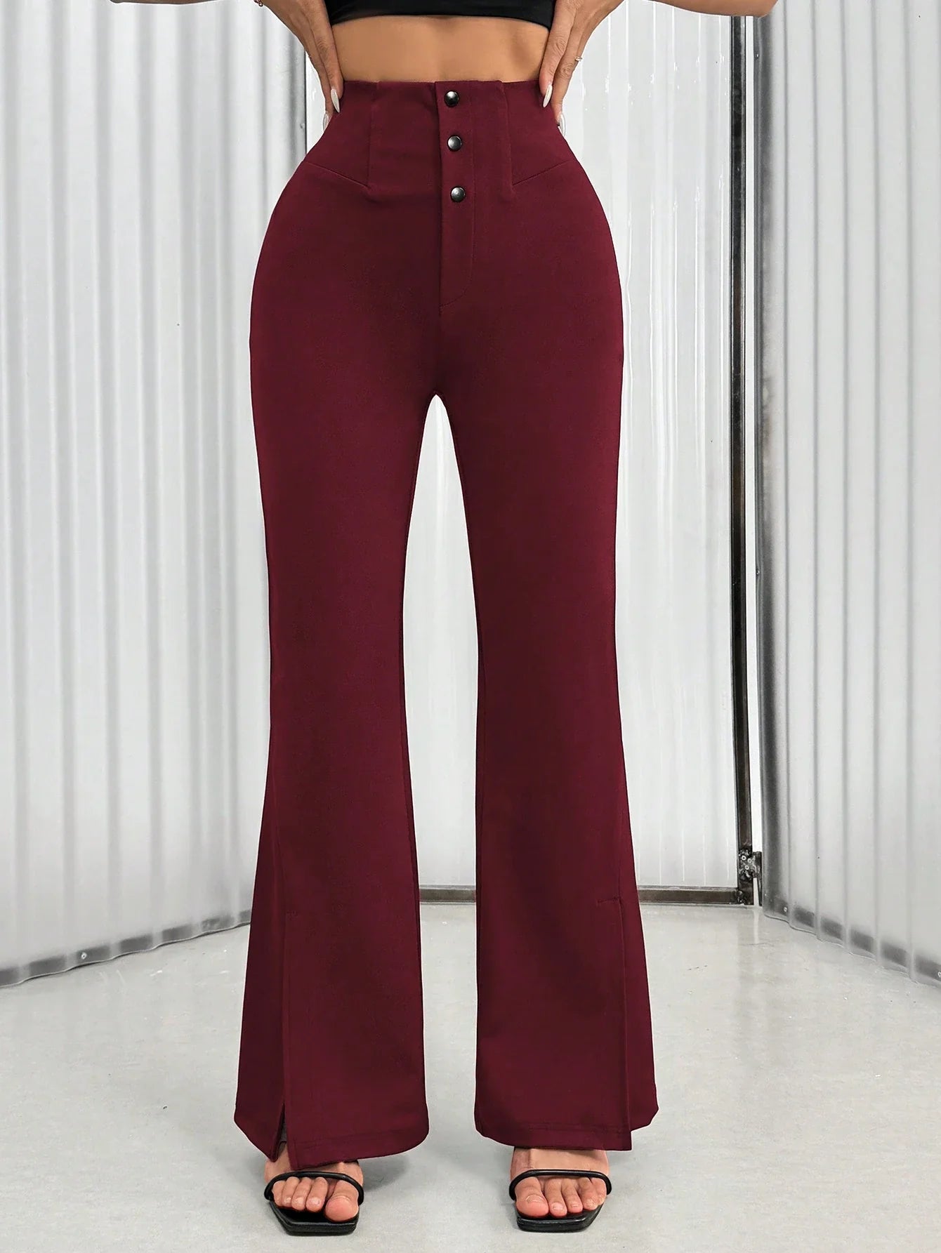 Women's Solid Color Waist Button Front Flare Leg Elegant Pants shein