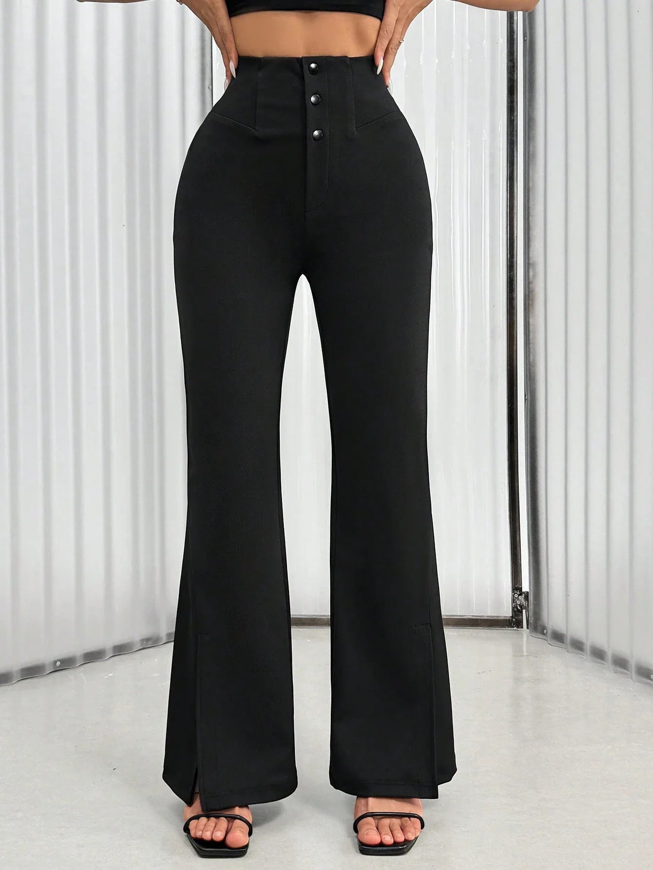 Women's Solid Color Waist Button Front Flare Leg Elegant Pants shein