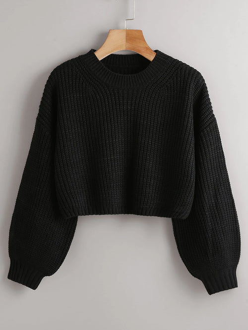 Chiquease Solid Drop Shoulder Crop Sweater shein