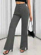 Women's Solid Color Waist Button Front Flare Leg Elegant Pants shein