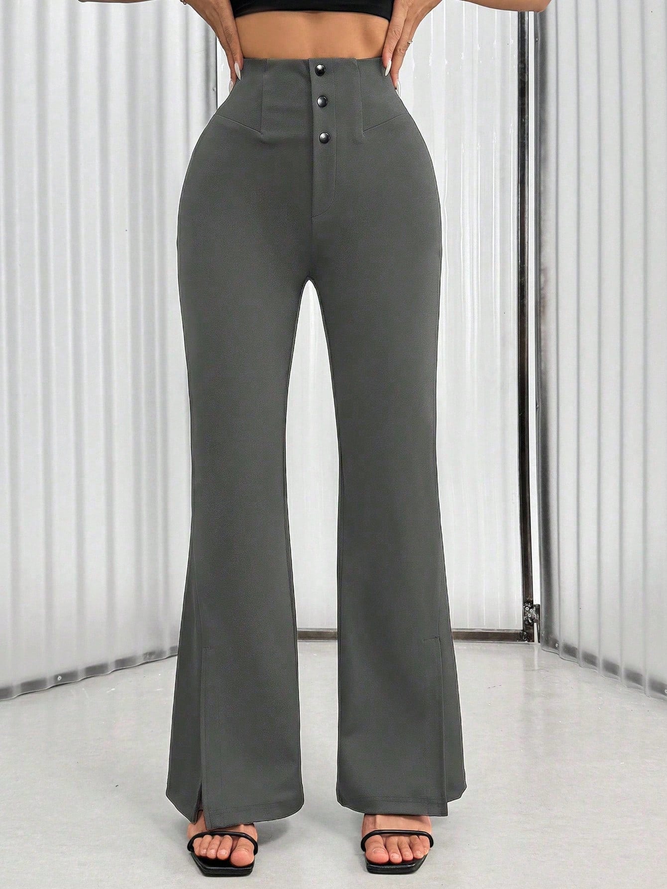 Women's Solid Color Waist Button Front Flare Leg Elegant Pants shein