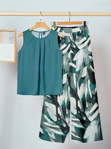 2pcs Women Casual Floral Print Outfit Set