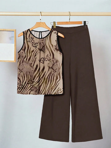 2pcs Women Casual Floral Print Outfit Set