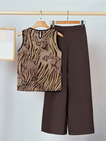 2pcs Women Casual Floral Print Outfit Set