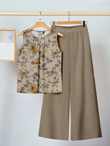 2pcs Women Casual Floral Print Outfit Set