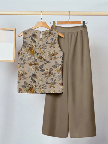2pcs Women Casual Floral Print Outfit Set