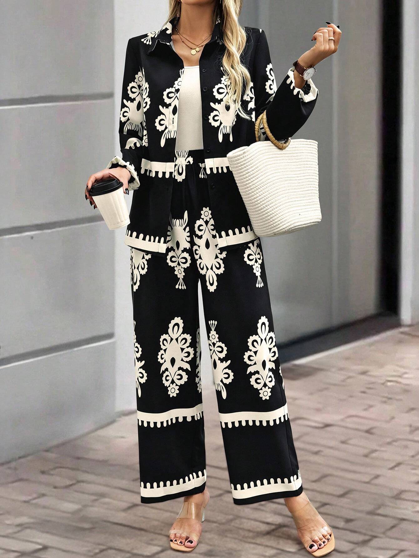 Women's Random Print Front Button Long Sleeve Top And Pants