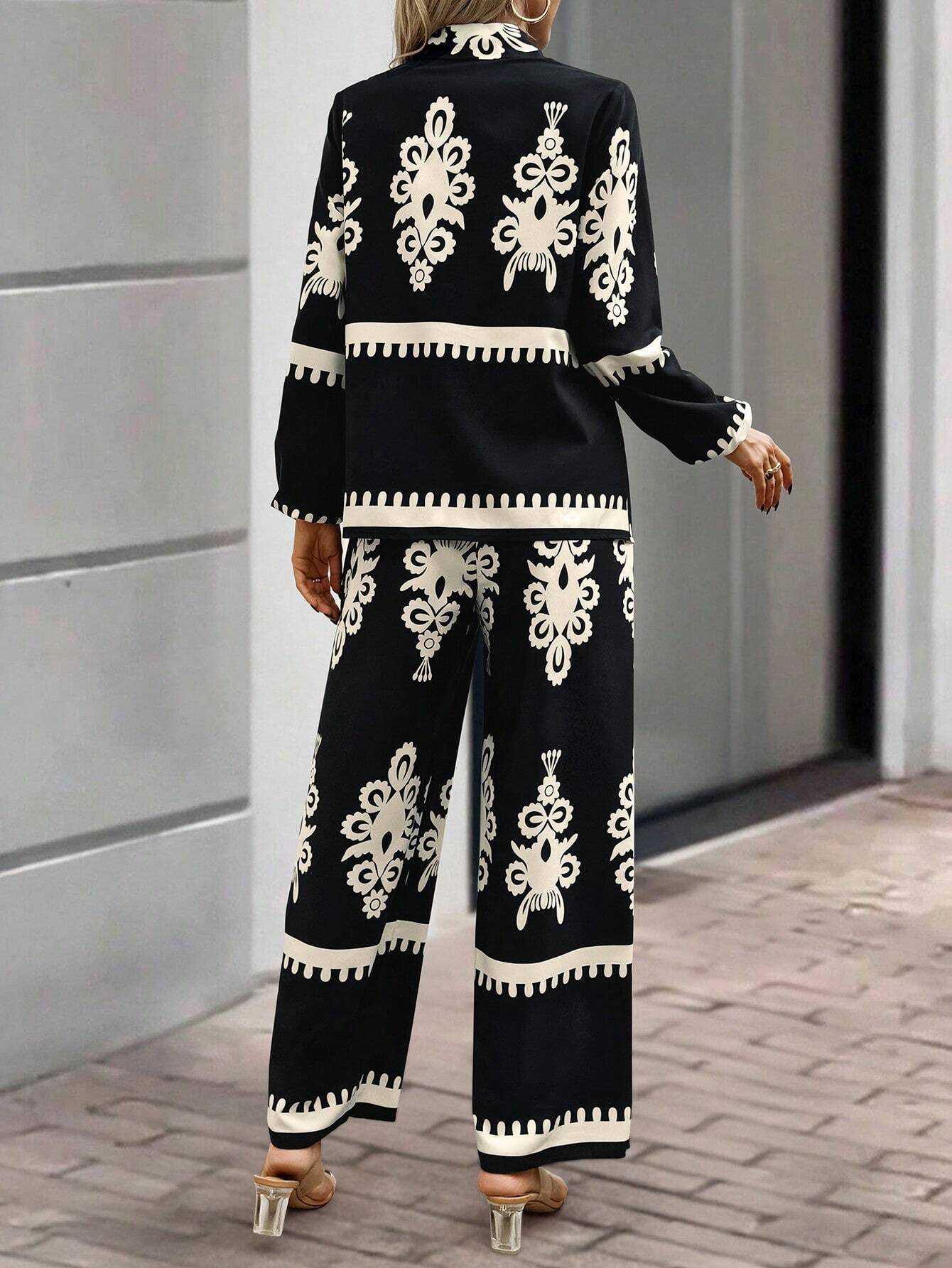 Women's Random Print Front Button Long Sleeve Top And Pants