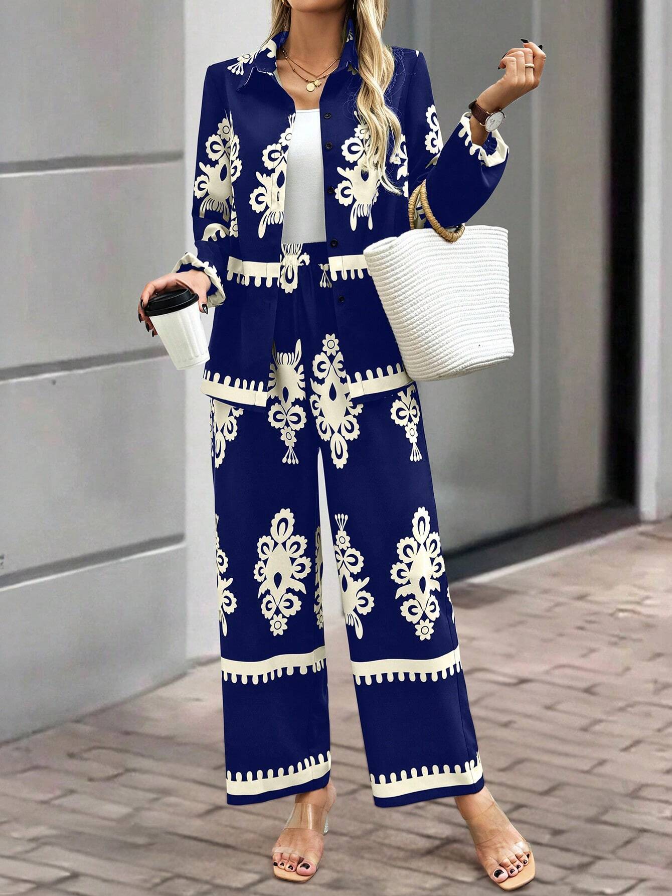 Women's Random Print Front Button Long Sleeve Top And Pants shein