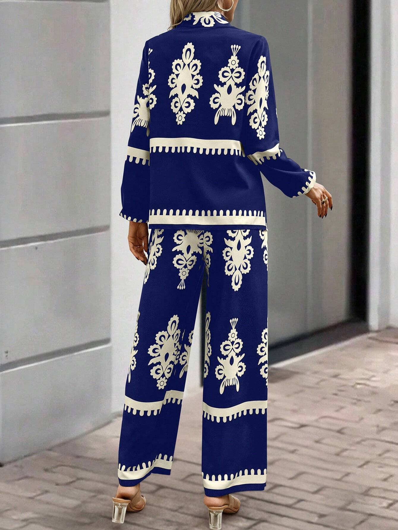 Women's Random Print Front Button Long Sleeve Top And Pants