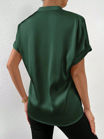 RosyDaze Solid Batwing Sleeve Satin Shirt