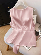 Women's V-Neck Sleeveless Waist Tie Bow Decor Simple Solid Elegant Design Camisole Tank Top shein