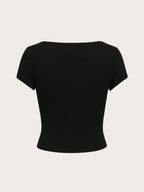 EZwear Casual Minimalist Burgundy Round Neck Cap Sleeve Fitted Women T-Shirt shein