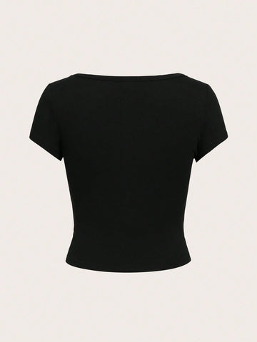 EZwear Casual Minimalist Burgundy Round Neck Cap Sleeve Fitted Women T-Shirt