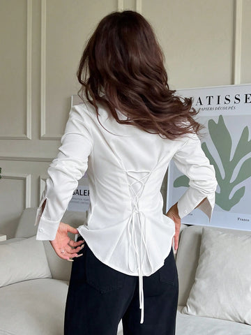 EZwear 1pc Women's Solid Color Button Front Long Sleeve Casual Blouse